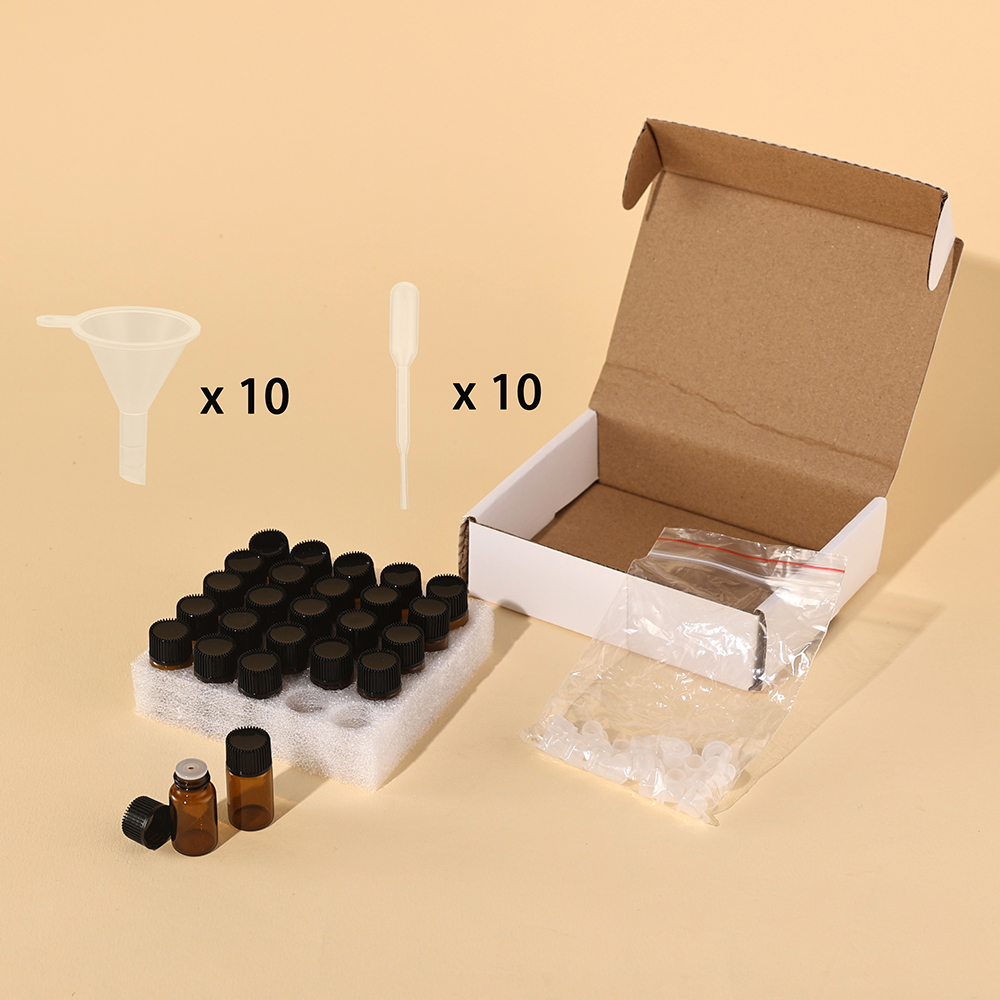 25pcs Set 3ML Empty Brown Glass Bottle for Cosmetic Travel Essential Oil and Perfume Bottles with 10 Funnels and 10 Droppers
