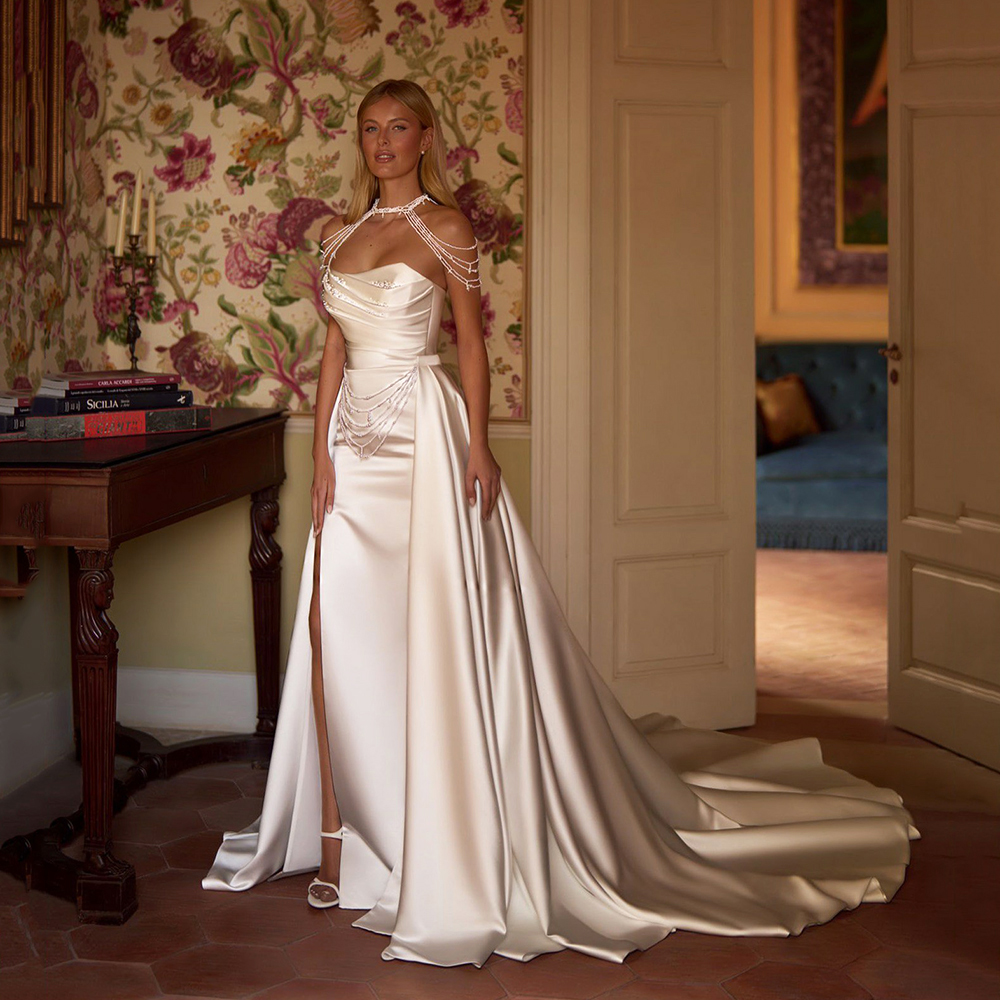 Msikoods Luxury Satin Mermaid Wedding Dress 2025 Strapless High Slit Detachable Train Beading Pearls Bridal Dress Customizd