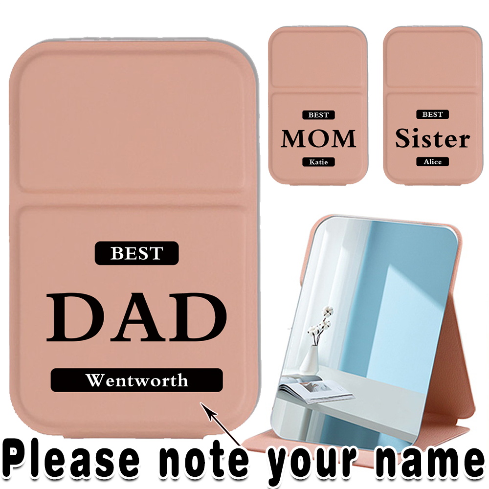 Customized Name PU Makeup Mirror Compact Cosmetic Mirror With Foldable Hand Held Desktop Stand Leather Protect Cover Beauty Tool