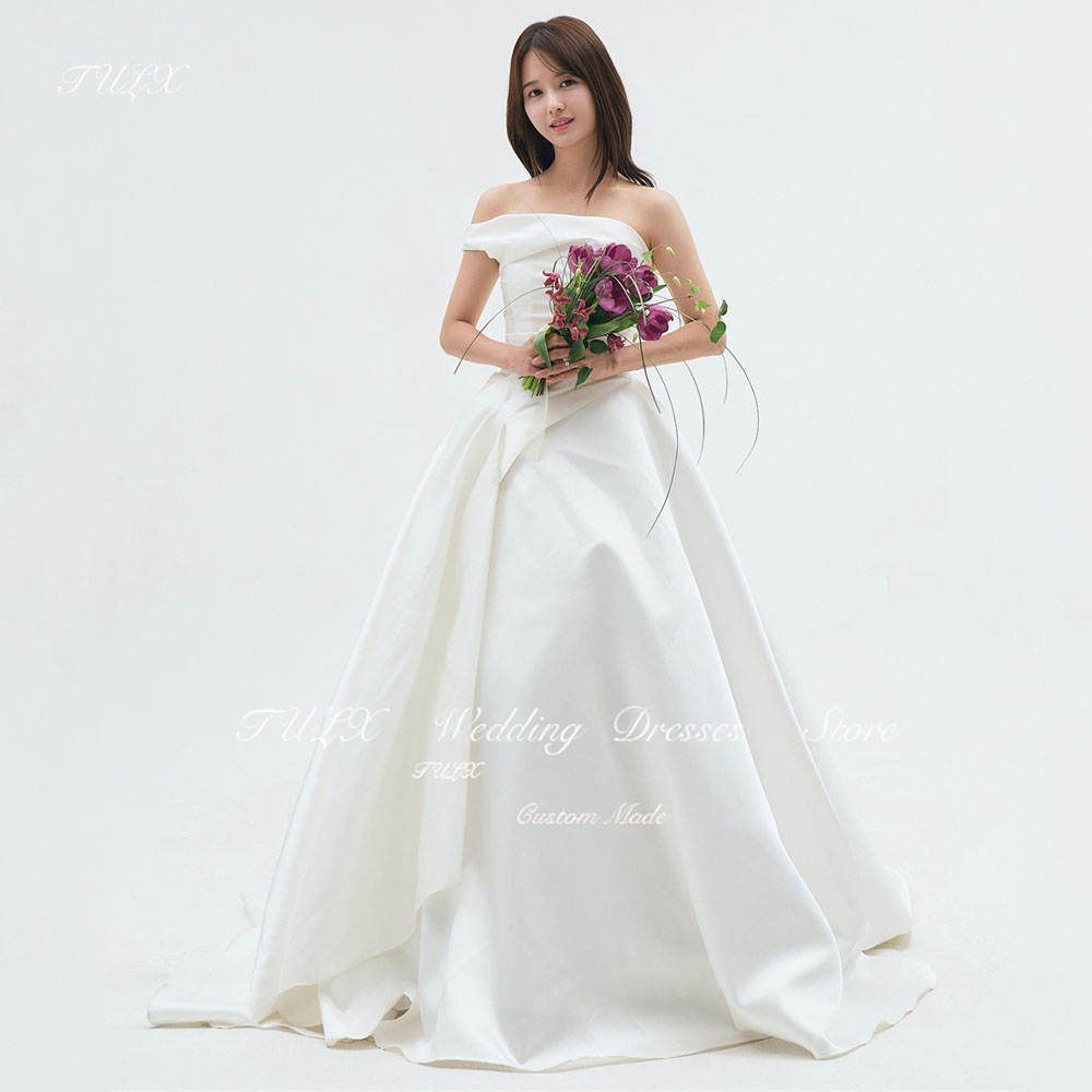 TULX Elegant One Shoulder Ivory Satin Korea Wedding Photo Shoot Dress 웨딩드레스 Long Pleat Bridal Gown Corset Back Custom Made 2025
