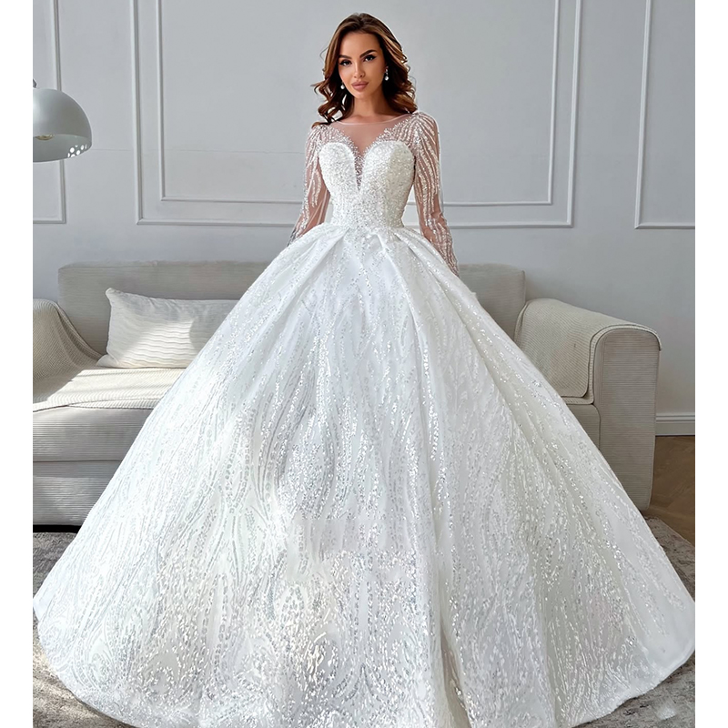 Luxury Wedding Dress Organza With Embroidery Beading Ballgown O-Neck Full Sleeve Customized Bridal Dress Buttonv Estido De Novia