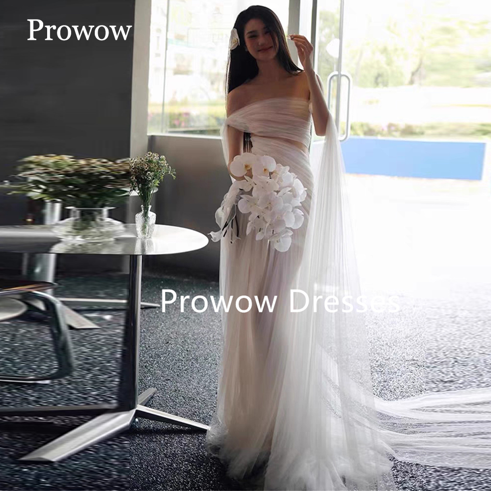 Prowow Unique Ivory Mermaid Wedding Dress Korea Photoshoot Pleats Soft Tulle Floor Length Bridal Gown Off Shoulder Customized