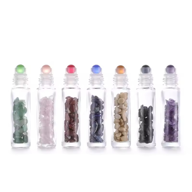 Refillable Clear Glass Roll-on Bottles with Roller Jade Ball and Bamboo Lid for EyeFace Massage Travel Perfume Roller BallBottle