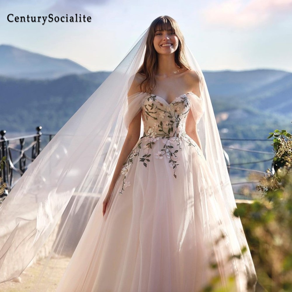 Whimsical Wedding Dress Floral Lace Appliques ALine Off Shoulder Floral Bridal Gowns Bride Sleeves Robe de Mariee Customized