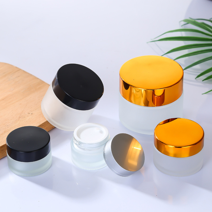 Refillable Frosted Glass Cosmetics Cream Jars Stock Light Gold Cover Cream Jar Facial Skin Care clear Glass Cosmetic Packaging