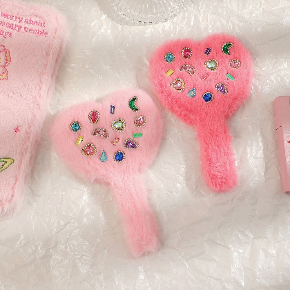 Portable Love Hand Mirror Korean Plush Handle Compact Handheld Mirror Cute Heart-shaped Cosmetic Mirror Girl