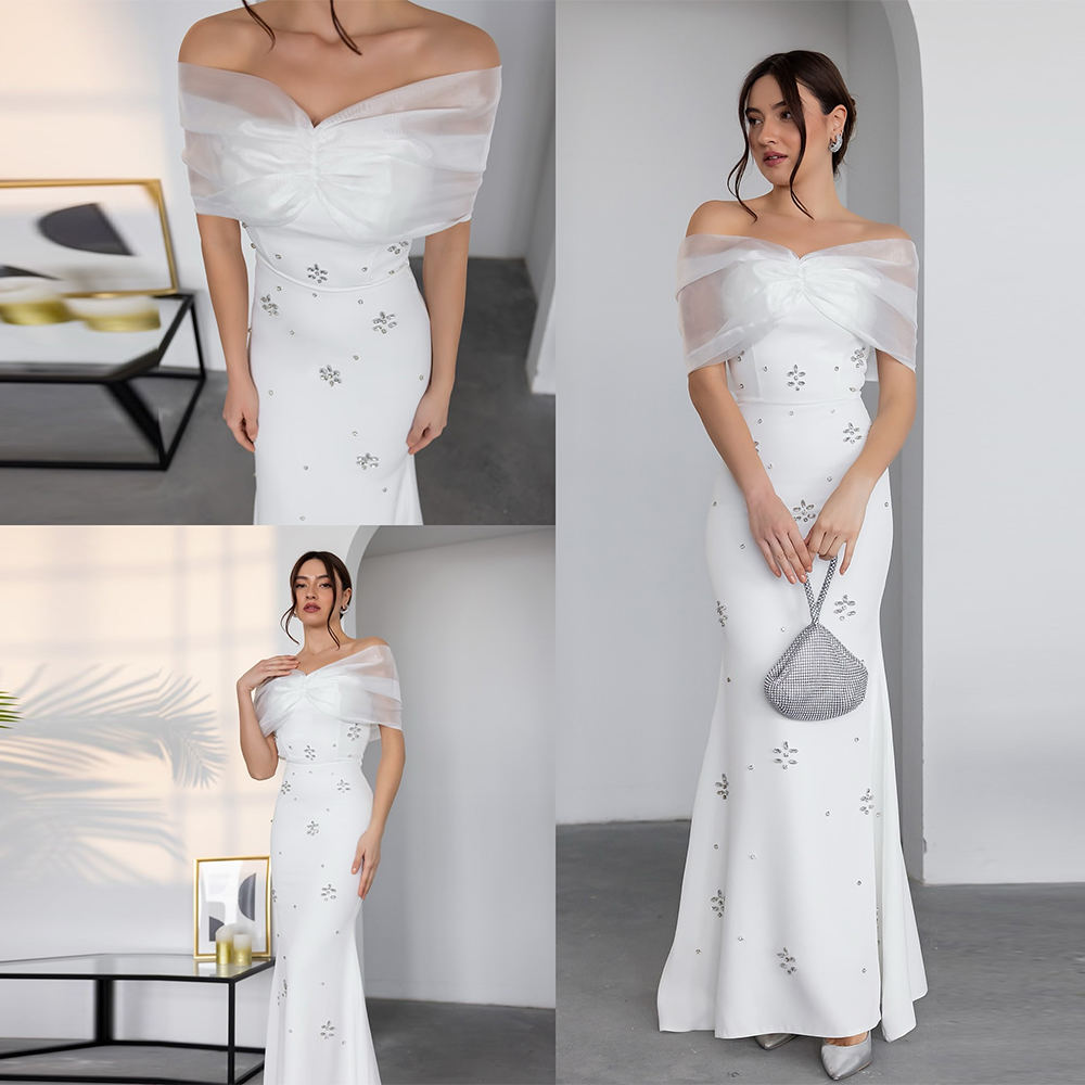 Luxury Dresses Women 2025 Wedding Crepe Fabric Mermaid/Trumpet Wedding Party Dresses White Off-the-shoulder Crystals Prom Dress