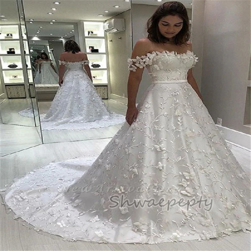 Off-Shoulder White Elegant Wedding Dress Lace Butterfly Court Train Garden Bridal Gown Customized