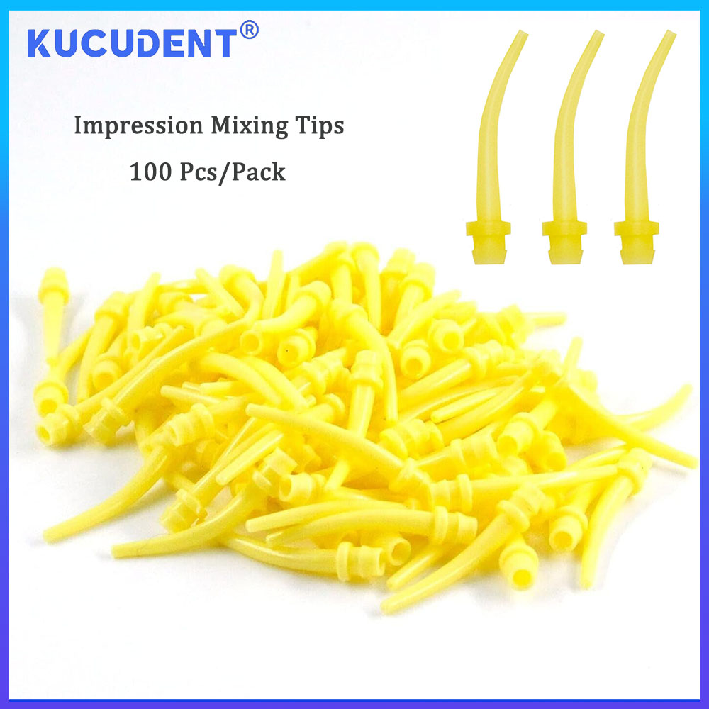 KUCUDENT 100 Pcs Disposable Dental Impression Intraoral Mixing Tips Syringe Yellow Nozzles Dentistry Conveying Mixing Head