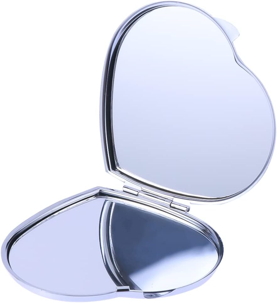Folding Compact Pocket Makeup Mirror Double Sided Handbag Purse Heart Shape Mirror Silver