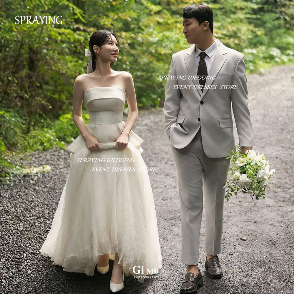 SPRAYING Elegant Ivory Tulle Satin Korea Corset Wedding Dress Photo Shoot Strapless Floor Length Tiered Bridal Gowns Customized