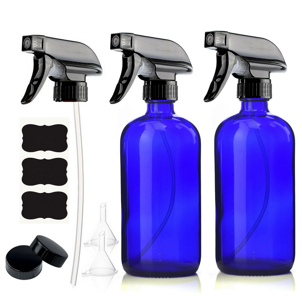 2pcs 500ml Empty Blue Glass Spray Bottle with Mist & Stream Trigger Sprayer for Essential Oils Cleaning Product 16 Oz Refillable