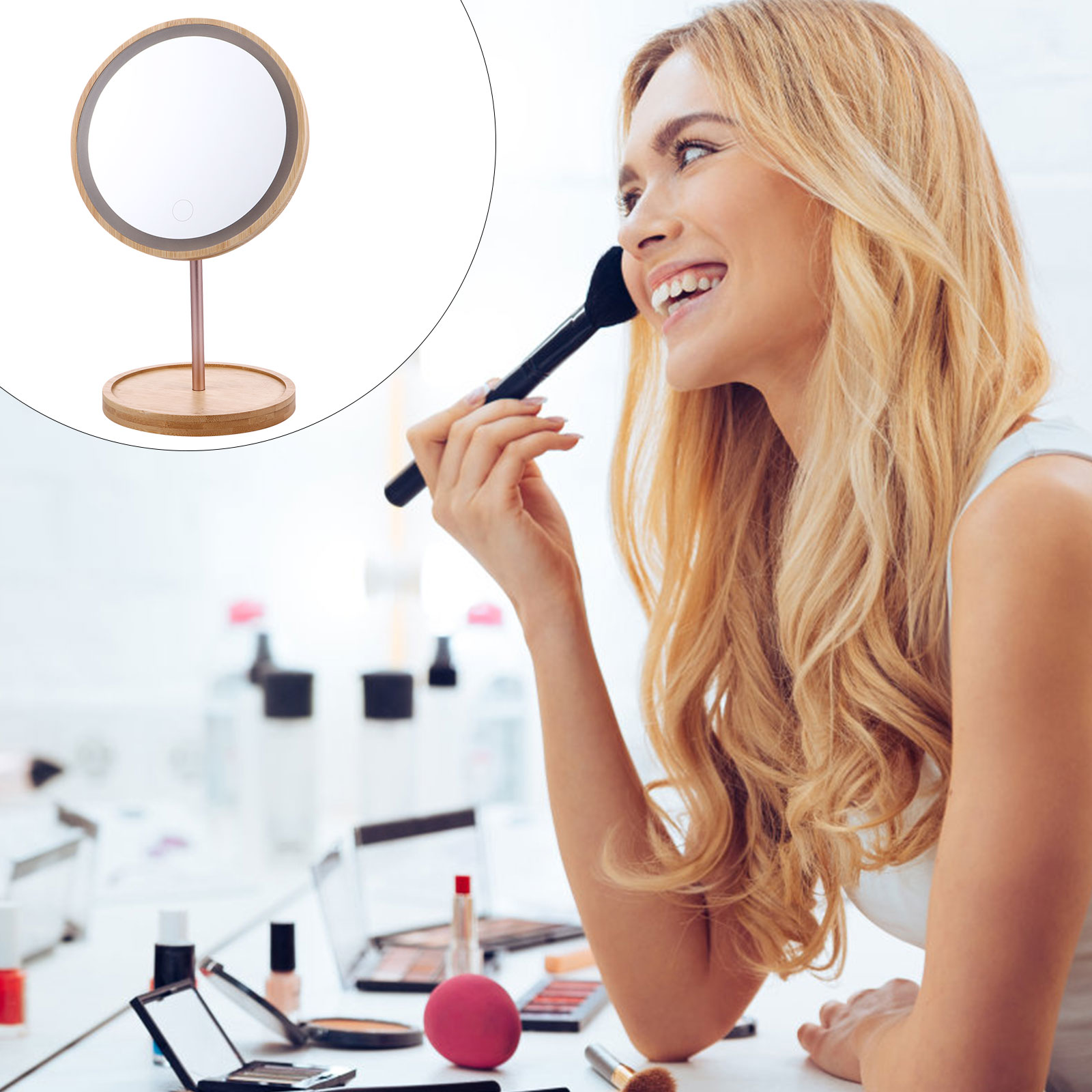 Wooden Makeup with LED Lights Adjustable Vanity Mirror 90° Swivel Desktop Mirror for Women Touch Control Clear High Definition