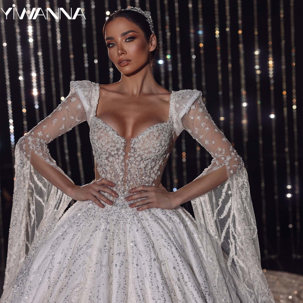 Luxurious Beaded Cape Sleeve Wedding Dress With Train Elegant V-neck Bridal Gown Customized Ball Gowns Long Dresses For Bride