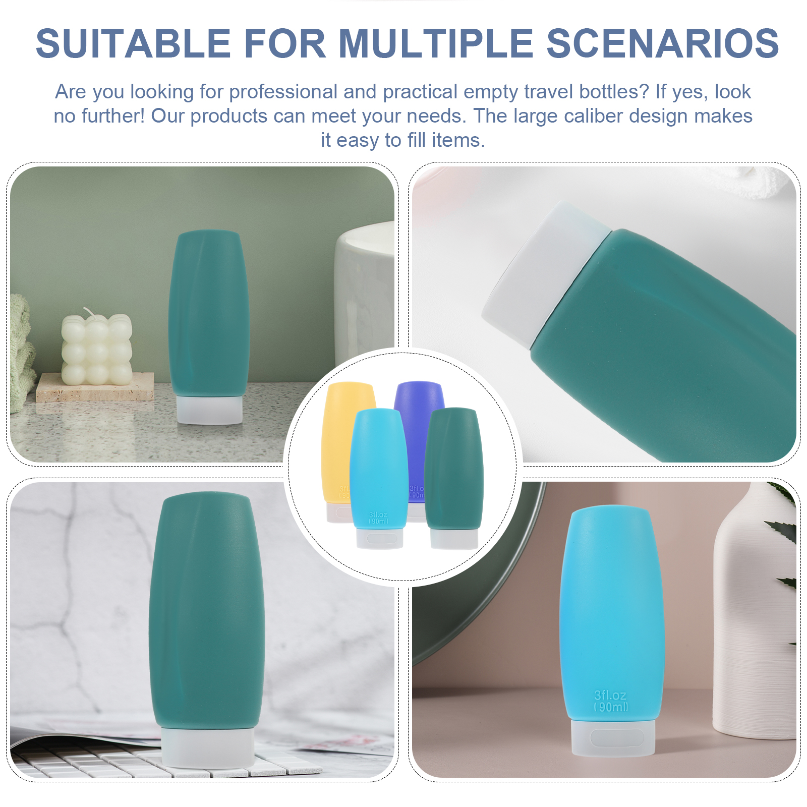 4pcs Travel Liquid Container Mini Bottles Refillable Silicone Dispensing Bottle Set Portable Toiletry Containers Leak Proof