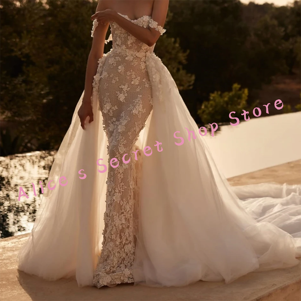 Elegant Off Shoulder Lace Appliquins Sleeveless Mermaid Bride Wedding Dresses Bridal Gowns Customized