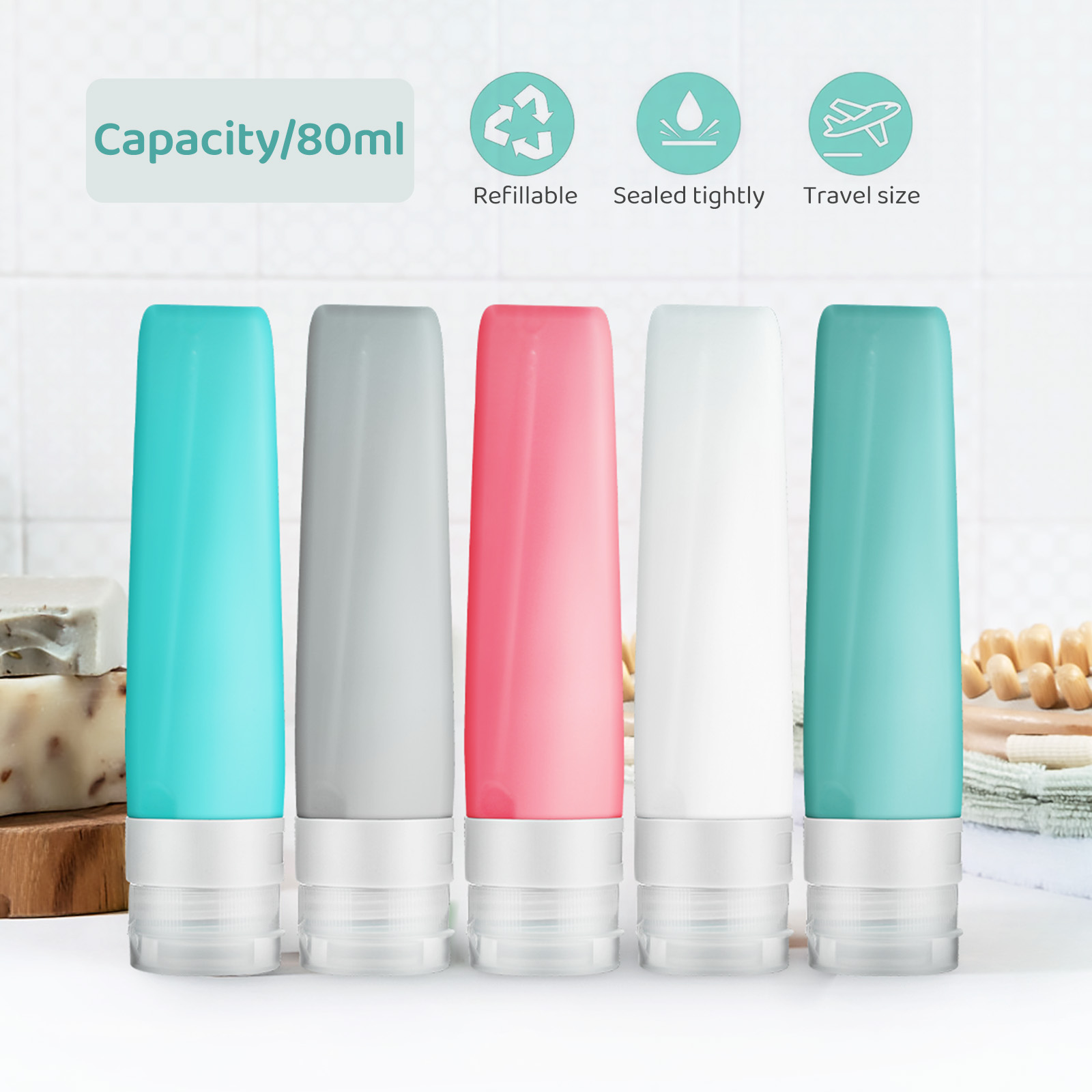 5pcs Leakproof Travel Empty Bottle Set Silicone Shampoo Containers Toiletries Wide Opening Refillable Lotion Conditioner Body