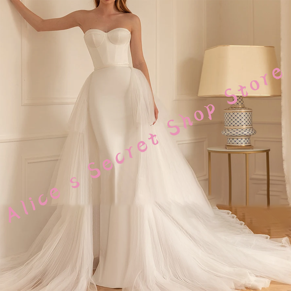 Classic Satin Sweetheart Detachable Train Tulle Mermaid Bride Wedding Dresses Bridal Gowns Customized
