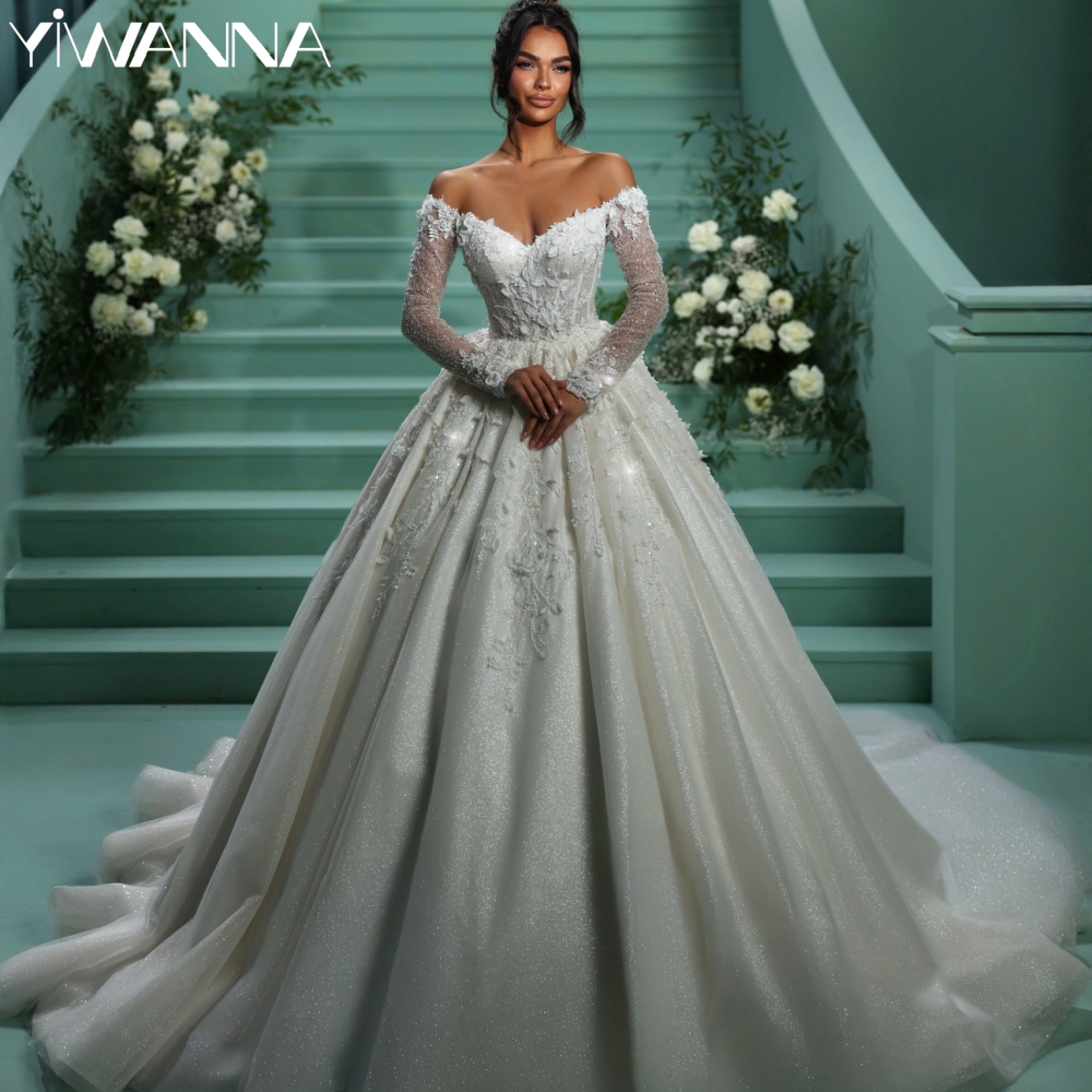Glitter Beaded Lace Appliques Wedding Dress Charming Off Shoulder Bridal Gown 2025 Customized Sweetheart Neck Dresses For Bride
