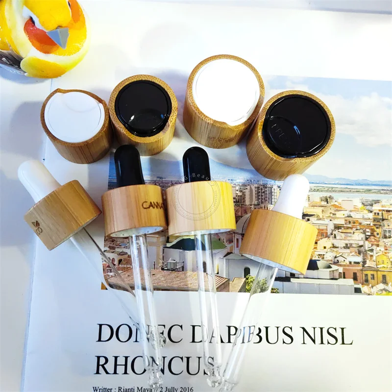 Bamboo Caps Cosmetics Dispenser Pumps Dropper Lid with Glass Pipette White Black Head Bamboo Left-right Lock Wooden Lotion Pump