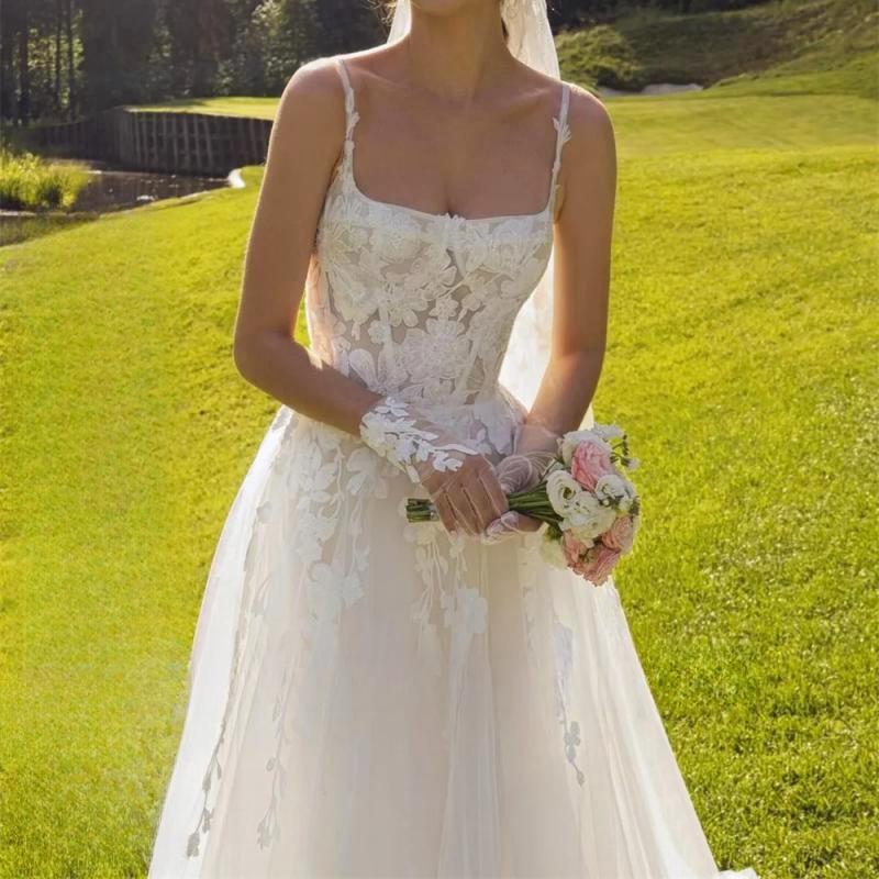 Spaghetti Straps Lace Appliques Wedding Dresses A-line Square Collar Tulle Bridal Gowns Custom Made Dress for Bride Customized