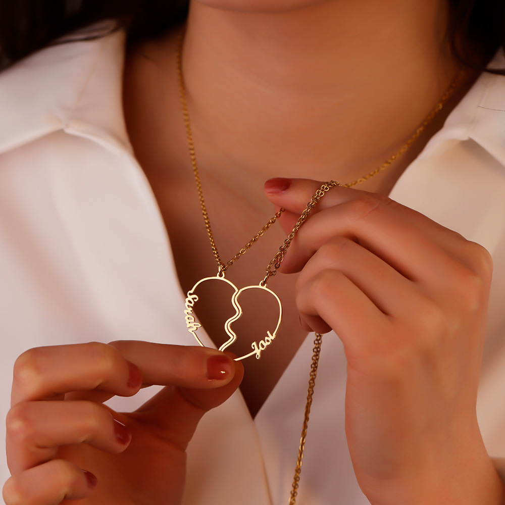 Personalized  Custom Name Love Clavicle Necklace Pendant Cutting Splicing Couple Necklace Stainless Steel Jewelry Couple Gifts