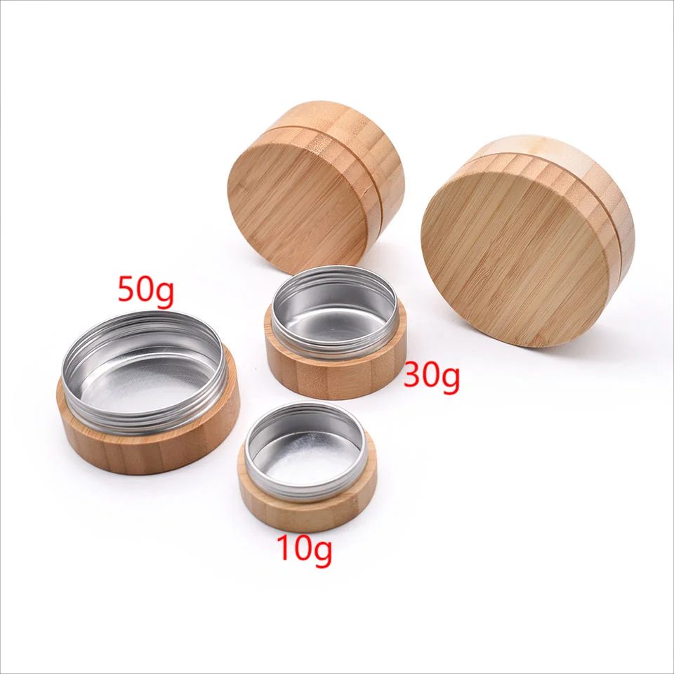 5Pcs* 10g 30g 50g Natural Bamboo Pot Skincare Body Lotion Packaging Empty Lip Balm Container Nail Decor Crafts Aluminum Tin cans