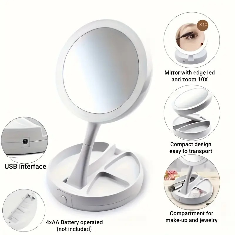 Foldable LED Vanity Mirror with , 1X & 10X Magnification, Adjustable Brightness, Compact for Makeup & Dressing, White