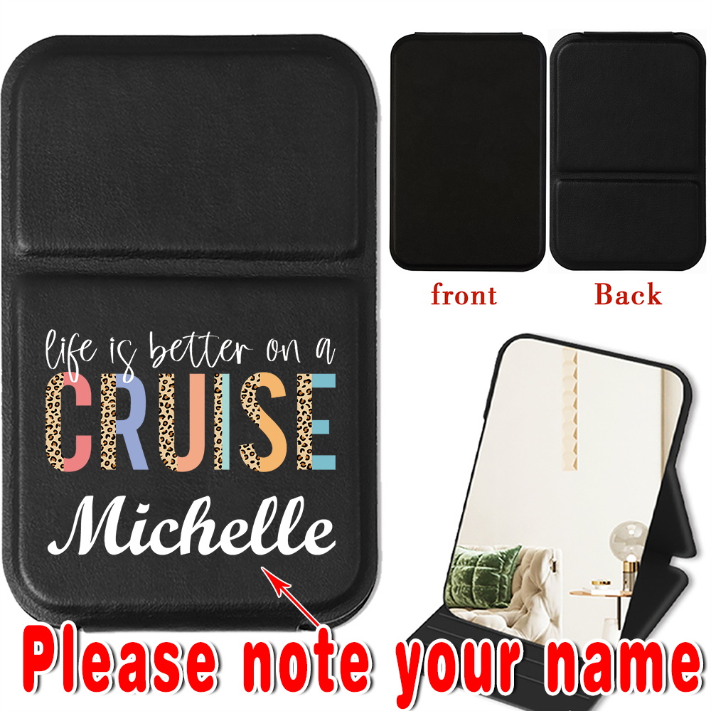 Customized Name PU Deluxe Desktop Makeup Mirror Hand-Held Cosmetic Mirror Leather Cover Portable Beauty Tool Travel Accessory