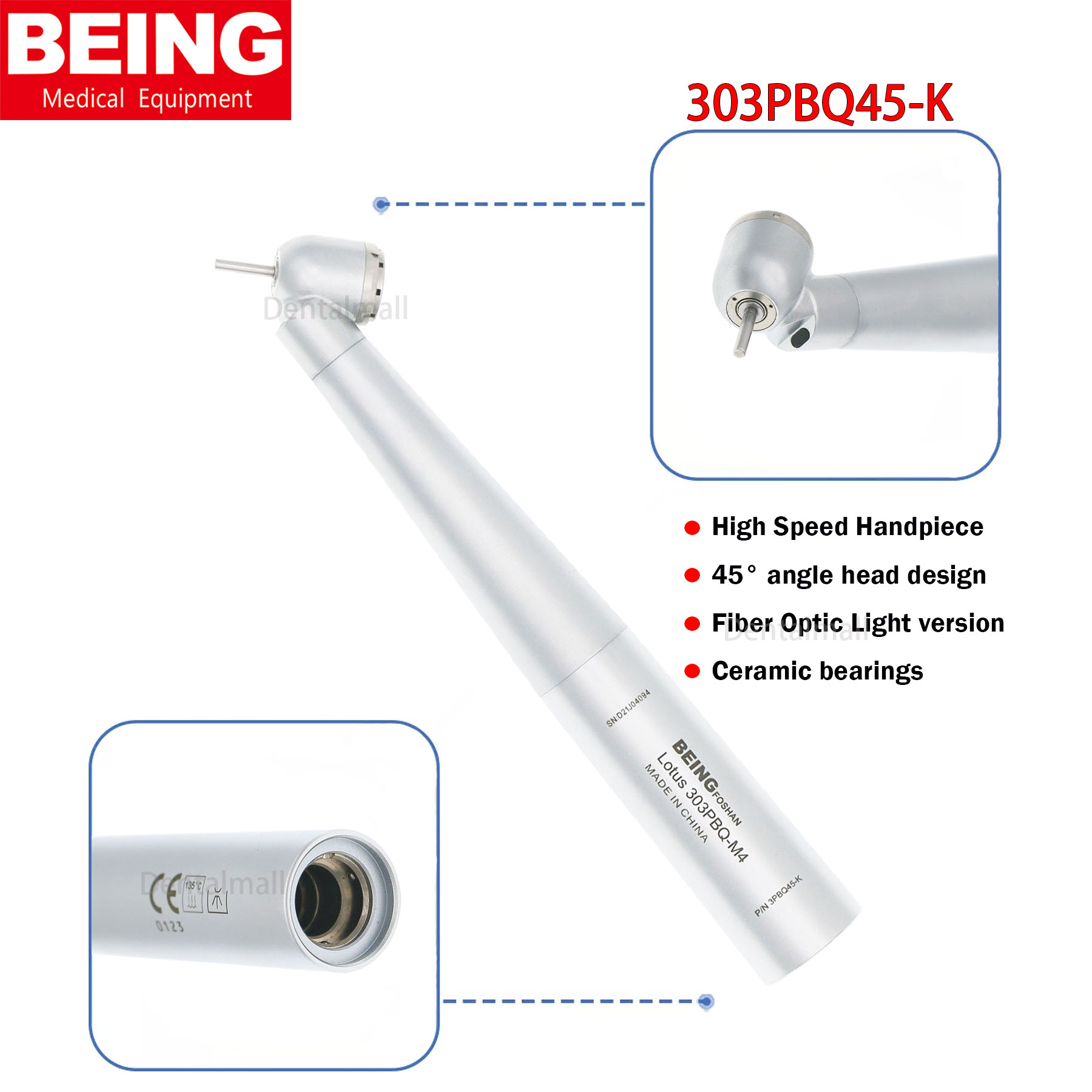 BEING Dental High Speed Fiber Optic Handpiece 45° Angle Head Design Surgical 303PBQ45-K fit KaVo MULTIflex