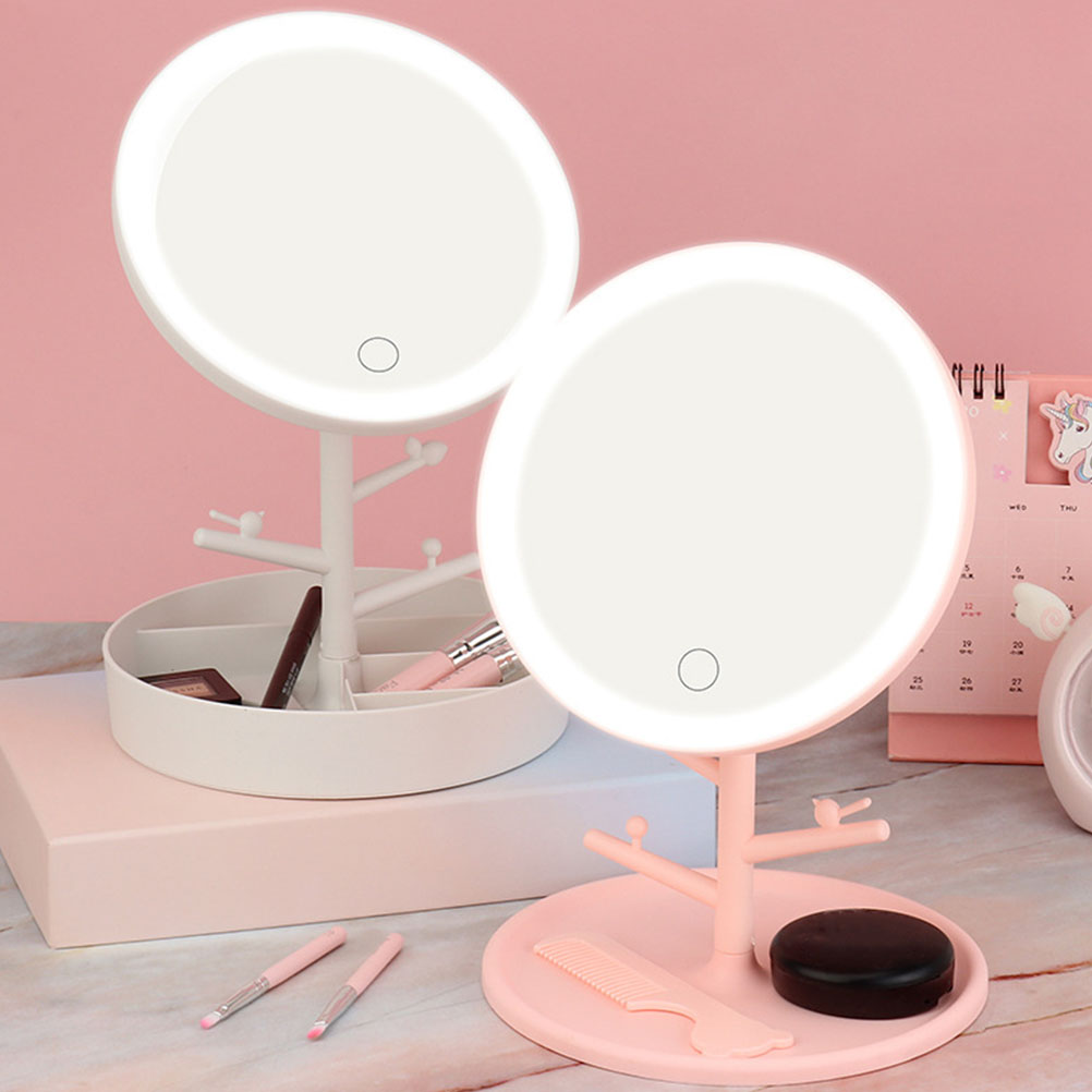 LED Makeup Clear Glass High Definition Desktop Student Vanity Mirrors Rotating Base Bedroom Desktop Makeup Mirror Lighted