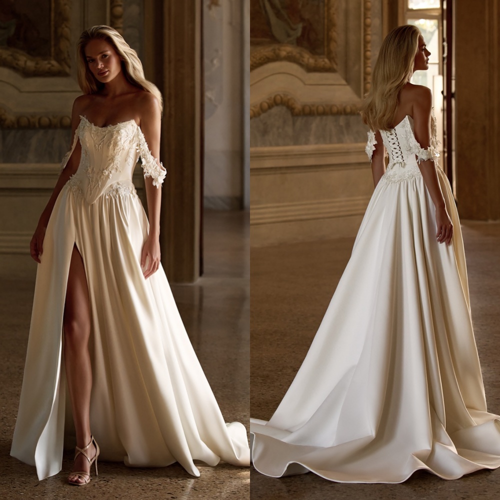 Customized Delicate White Satin Wedding Dress Exquisite Strapless Cap Sleeve Vestido De Novia Elegant Lace Up Back Bridal Gowns