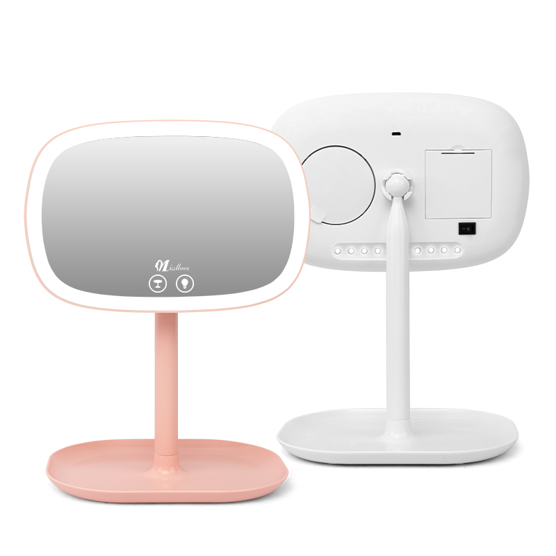 LED Makeup Mirror with Storage Tray, 360° Rotating Adjustable Dimmable Lighting Tabletop Vanity Mirror for Home Salon Travel