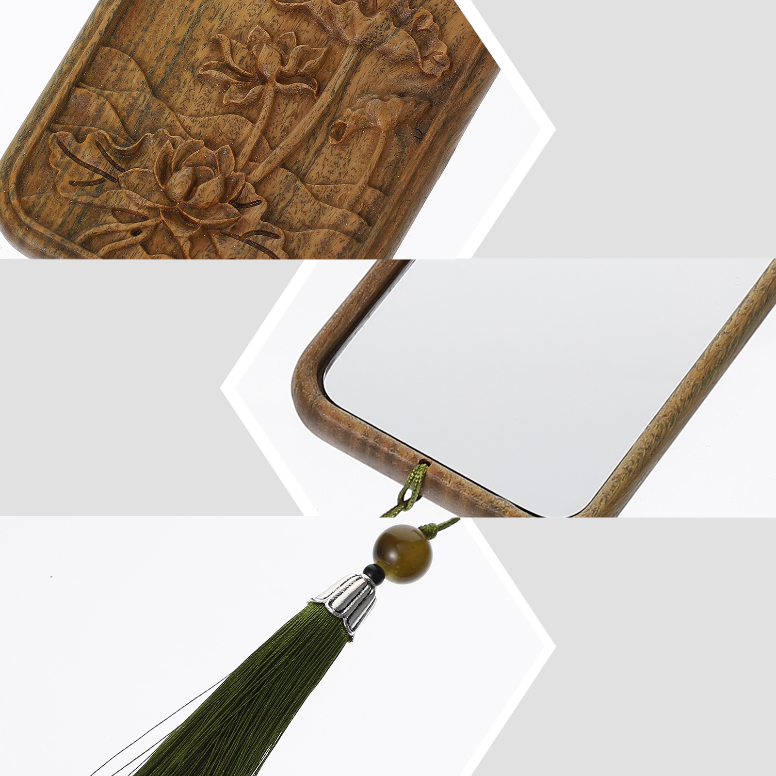 Wooden Carved Makeup Mirror Tassel Pendant Stylish Travel Vanity Mirrors Women Portable Tool Beauty Accessories