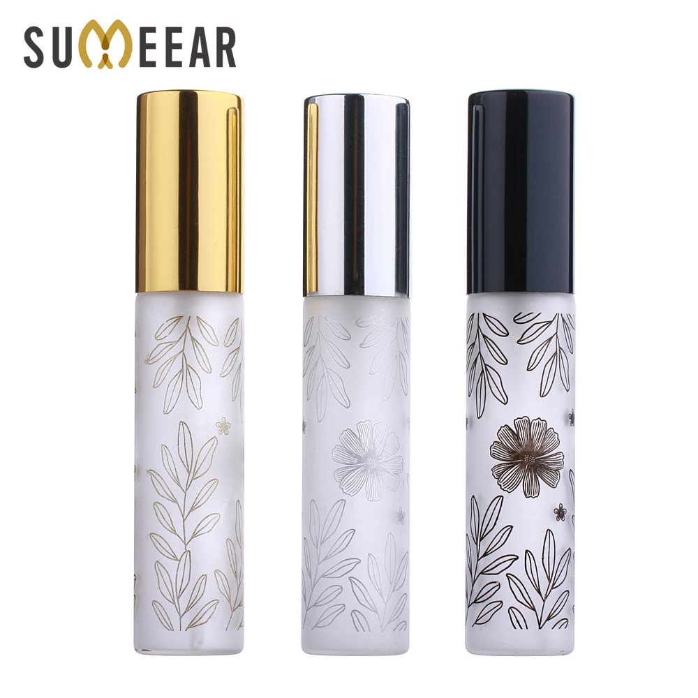 100 Pcs/Lot 10ml Leaf Pattern Frosted Perfume Bottle Glass Atomizer  Aluminum Cap Spray Travel Bottles