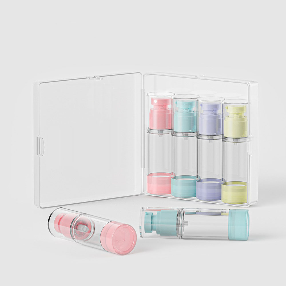 4pcs/Set 1.01oz 30ml Candy Color Pump Dispense Vacuum Bottle Plastic Travel Clear Lotion Spray Refillable Bottle With Box