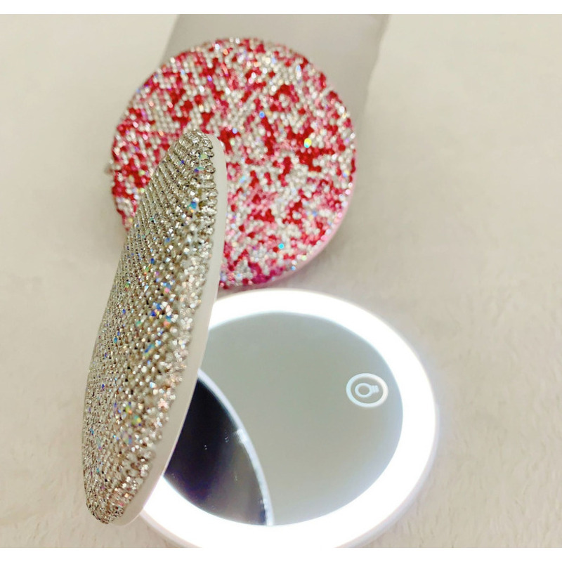 Diamond Studded Makeup Mirror LED With Portable Small Mirror, Fill Light, Student Touch Screen, High Aesthetic Value, Foldable