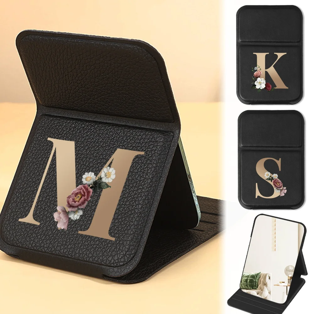 Portable Folding Vanity Mirror PU Leather Cover Makeup Mirror Dustproof For Purse Pocket Cosmetic Mirror Fun Gold Letter Pattern