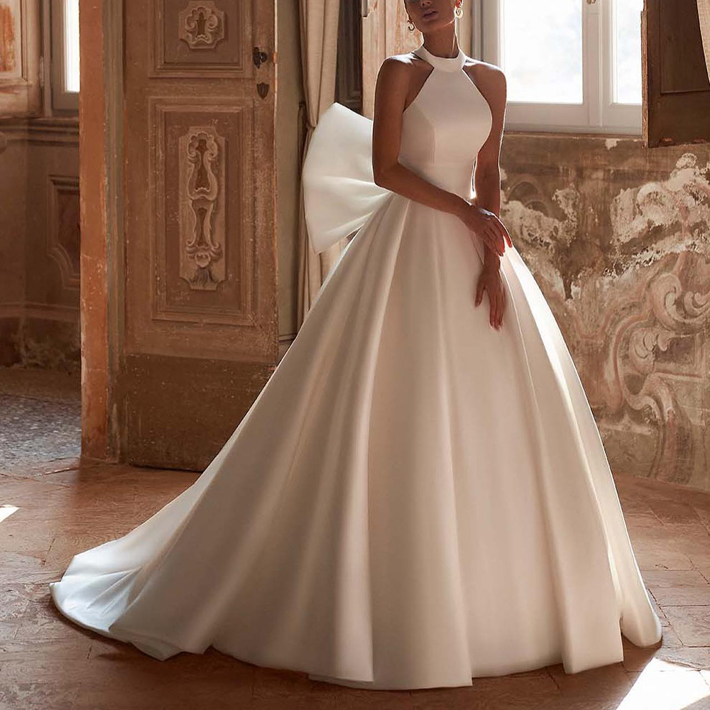 Modern Wedding Dress White Satin Ball Gown Open Back Wedding Gowns for Women Bride Pockets Bow Formal Bridal Gown Long