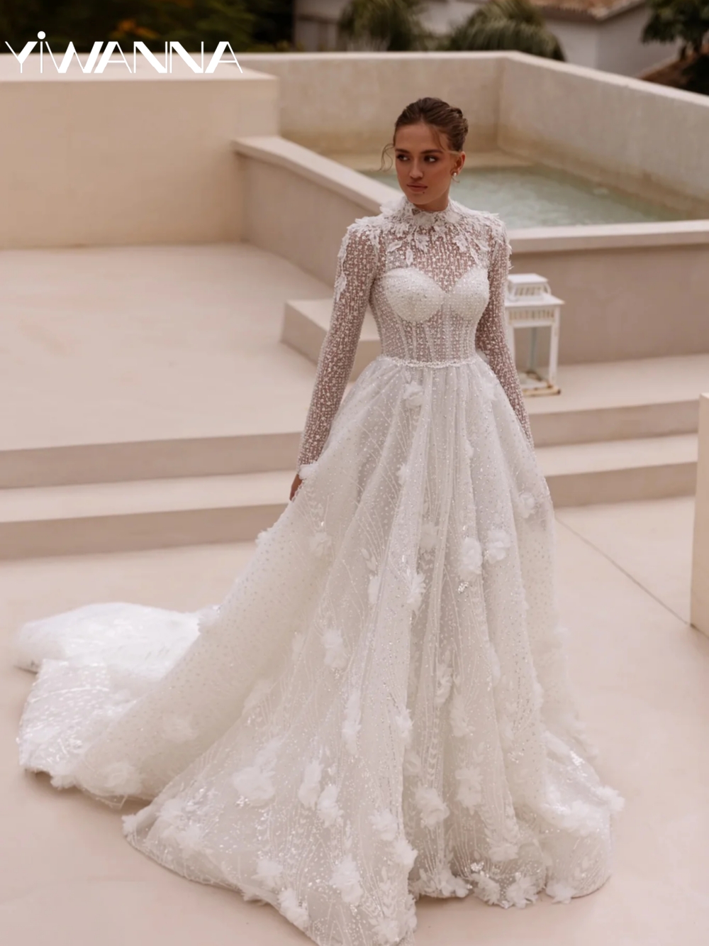 Illusion Long Sleeve Bride Robe Glitter Sequins Beads Bridal Gown Luxury 3D Flowers Wedding Dresses Customized Robe De Mariée