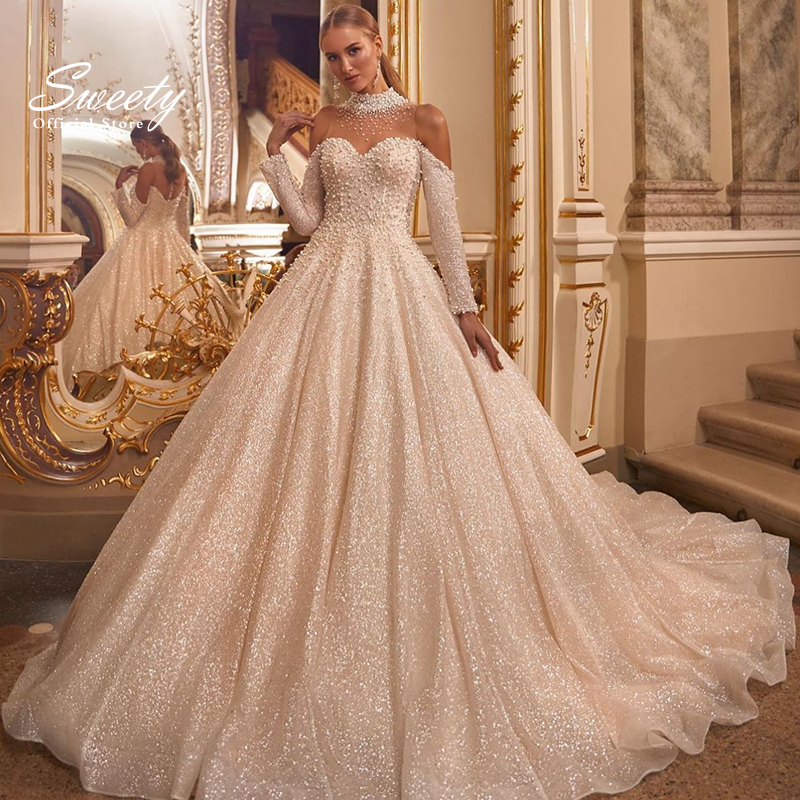 Glitter Wedding Dress Embroidered Lace With Bead Ballgown Pearls High-Neck Fullsleeve Church Wedding Customized Vestido De Novia