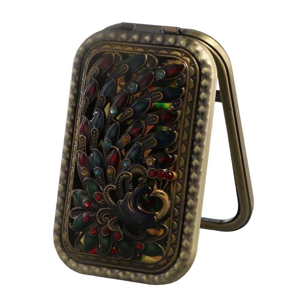 Portable Vintage Makeup Mirror Retro Peacock Compact Pocket Mirror 2X Magnification Butterflies Cosmetic Folding Mirror Travel