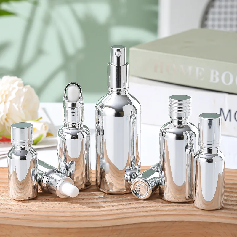 Silver Glass Essential Oil Dropper Bottle Glue Head Press Separation Spray Atomizer Vial Empty Electroplated Lotion Subpackage