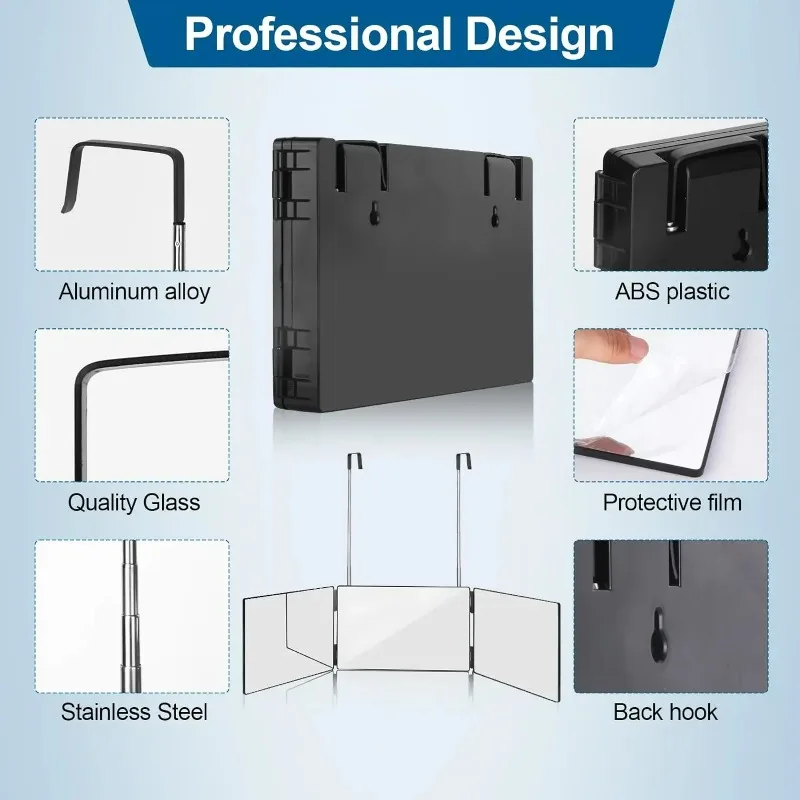 Black 360 Portable Triple Mirror with Height Adjustable Telescopic Hooks, Ideal for Hair Cutting, Essential Makeup, Affordable