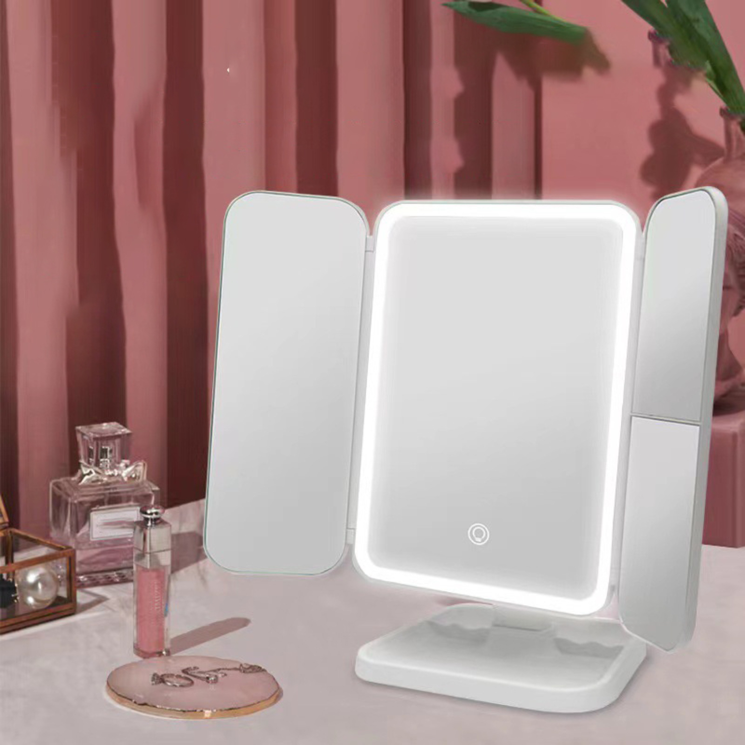 LED Tri-Fold Vanity Beauty Mirror with Adjustable Three-Tone Lighting System, Dressing Mirror for Dorm Room, Makeup Mirror with
