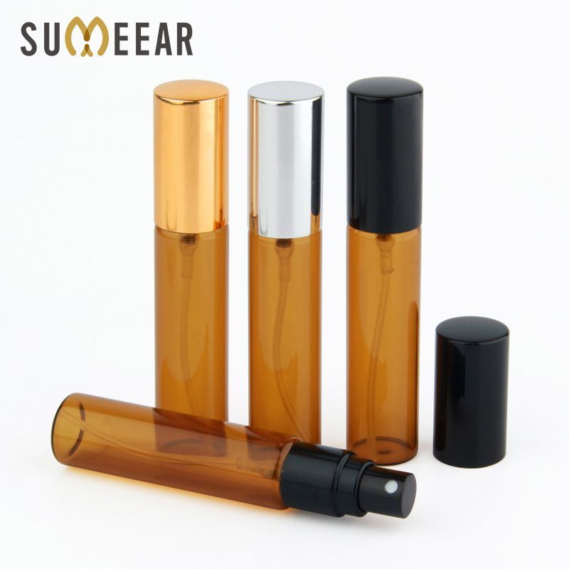 100 pcs/lot 10ml Amber Glass Empty Atomizer Perfume Bottle With Aluminum Cap Refillable Perfume Bottle Vials Travel Bottle